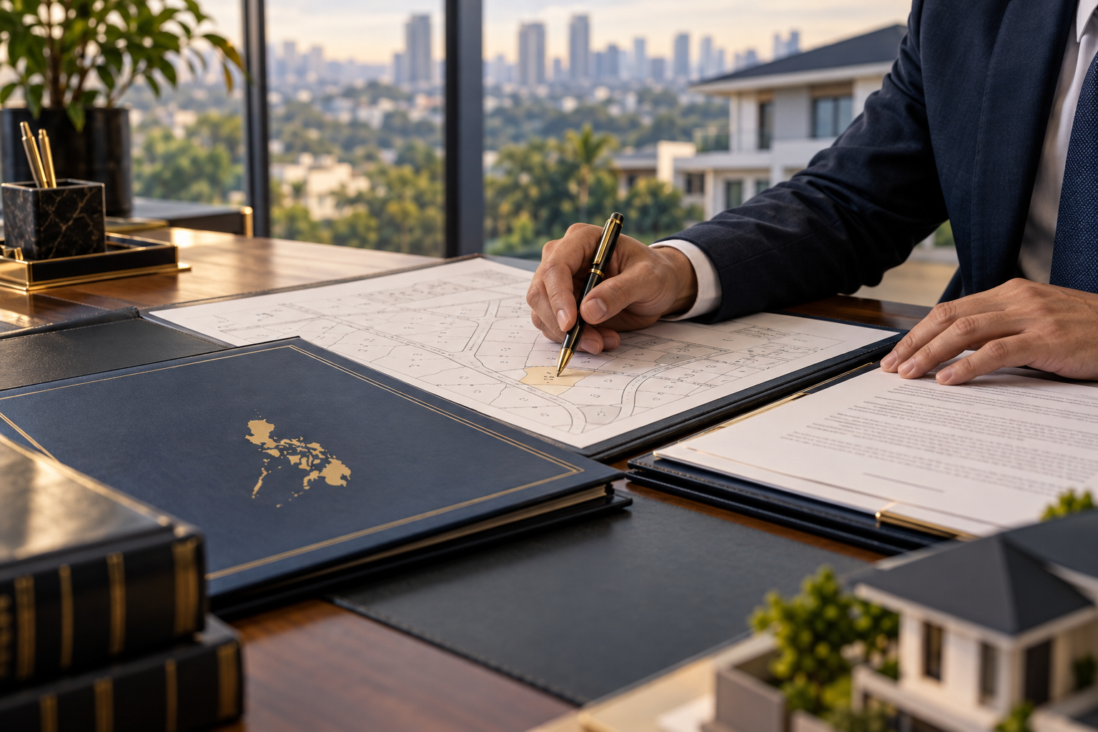 A Philippine property lawyer reviewing a land title, deed, and lot plan before a real-estate transaction